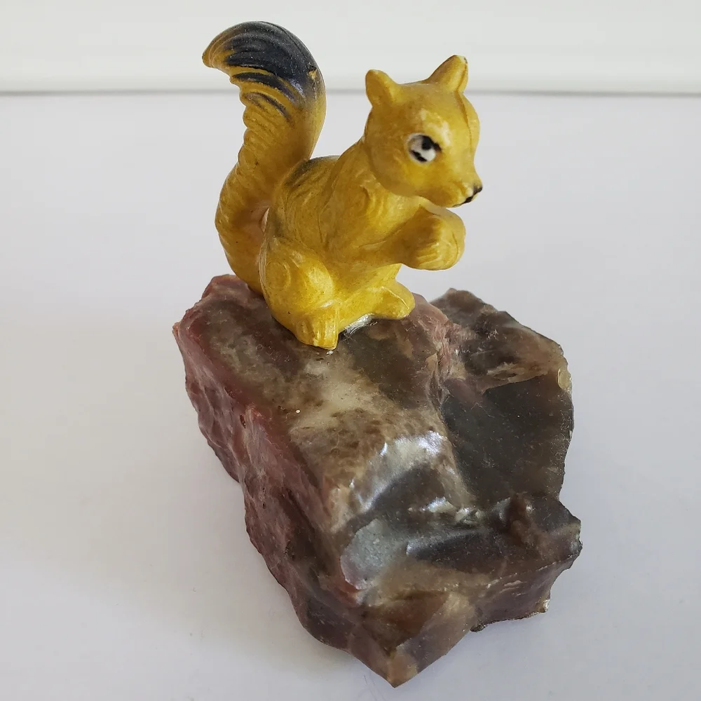 Vintage Squirrel Figurine on Natural Stone Base Ceramic Resin Collectible Decor